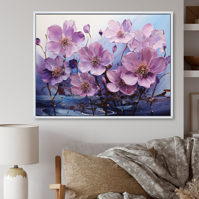 " Violet Flower Meadow Harmony I ", Floater Framed White, 12" H x 20" W x 1" D