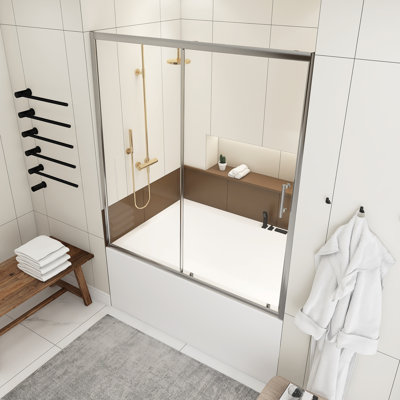 Porte de douche coulissante simple en chrome l 60 po x H 62 po pour baignoire, verre trempé transparent de 1/5 po d'épaisseur, avec poignée en acier inoxydable