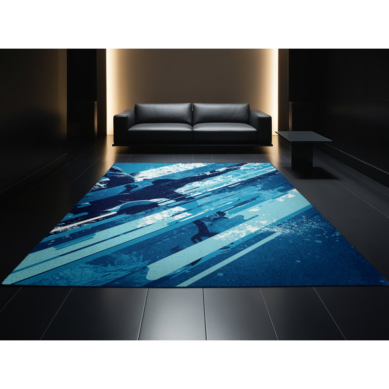 Machine Washable Aguilar Water Polo Action Modern Rug in Blue – Navy Binding, 2x5