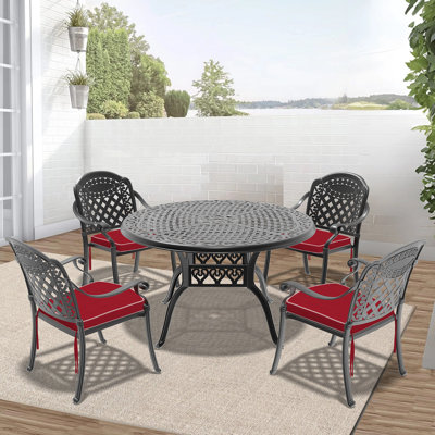 Ensemble de 5 meubles de patio en aluminium coulé avec cadre noir et coussins de siège rouges