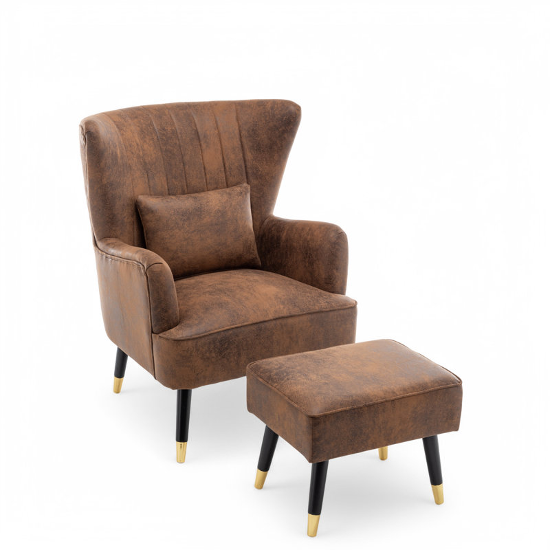 Aamiyah Upholstered Microfiber / Microsuede Wingback Chair With Footstool