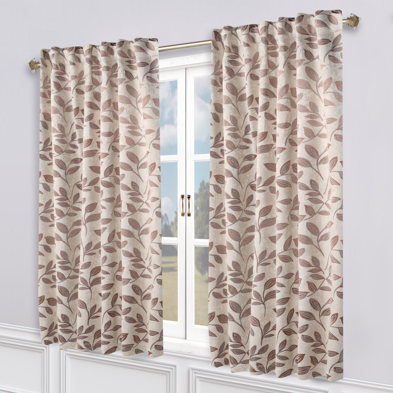 Superior White and Copper Polyester Blackout Curtains with Leaf Design, 52" x 84"