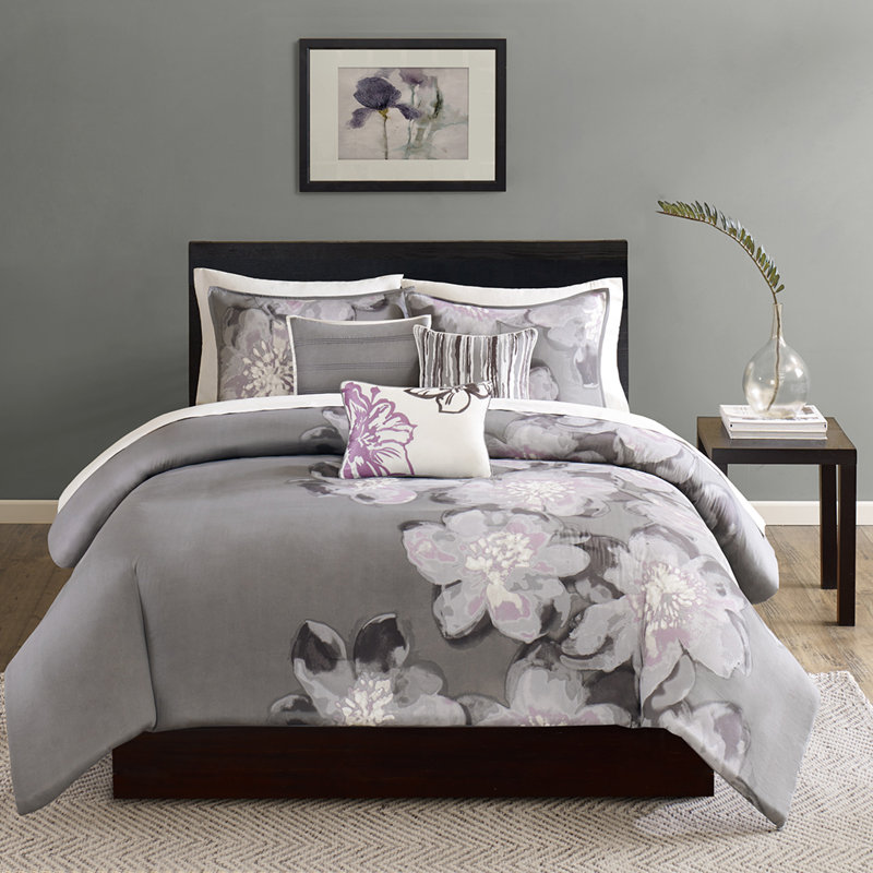 Gray Floral Cotton Queen Duvet Cover Set with Shams