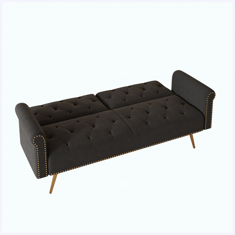 Canapé-lit convertible en velours noir ultra doux 69,7 po, garniture cloutée et coussin décoratif assorti