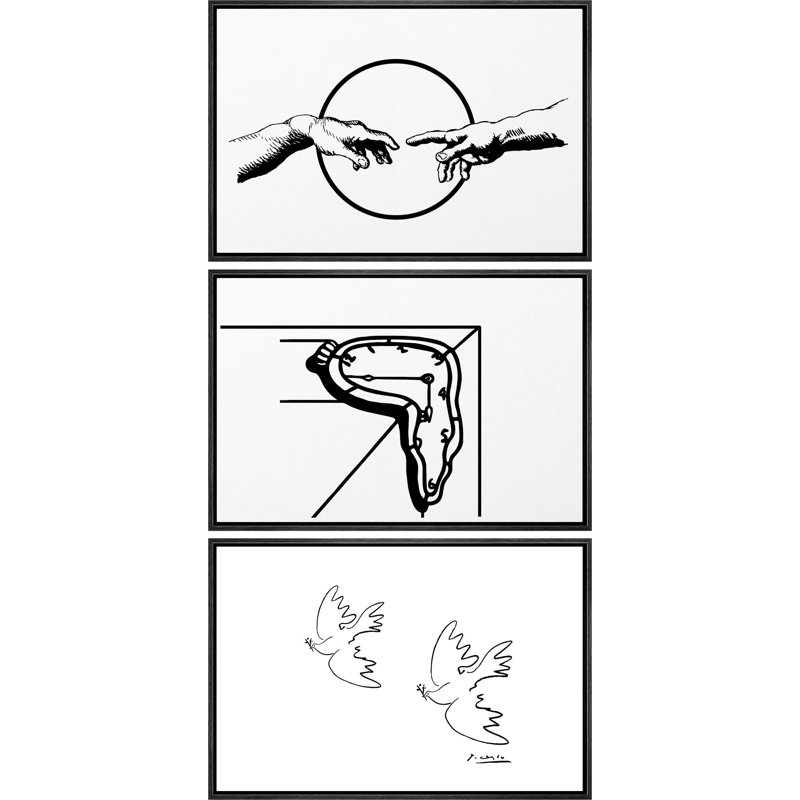 BAW «Classic Black and White Line Abstract Illustration», 3 pièces, Cadre noir, H 24 po x l 36 po