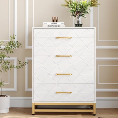 4 Drawer Dresser For Bedroom, Tall Bedroom Dresser With Large Drawer & Golden Handles, Wooden Modern Storage Cabinet Chest Of Drawer For Bedroom,Closet,Hallway