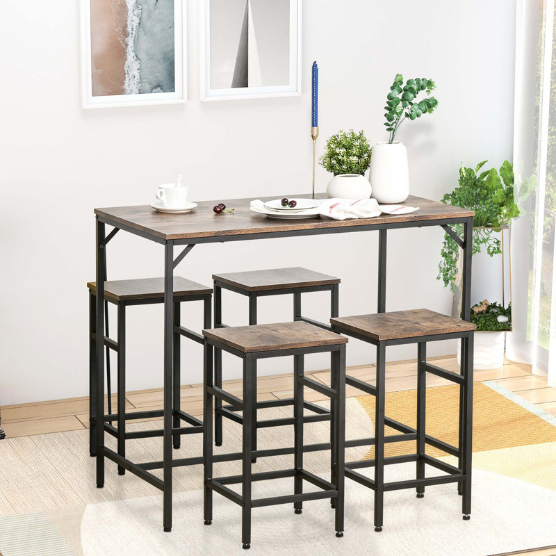 5-Piece Dining Table Set With Bar Table & 4 Stools Set