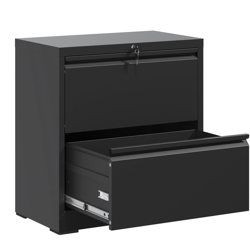 Classeur latéral noir à 2 tiroirs, fabrication en acier laminé à froid, glissières silencieuses, barre de suspension réglable, grand espace pour dossiers format lettre / A4 / F4, bureau à tiroirs verrouillable