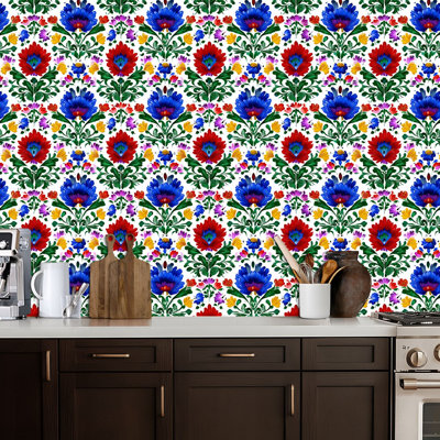 Peel and Stick Wallpaper Seamless Mexican Otomi Style Bright Butterflies flowers Contact Paper Removable Self Adhesive Wall Mural Wall Decor for Bedroom Kitchen Cabinets 17.7in x 118in