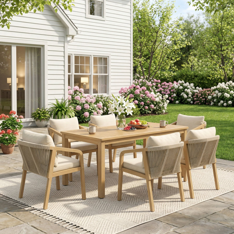 All Weather Acacia Wood Outdoor Dining Set with Water-Resistant Cushions, 6