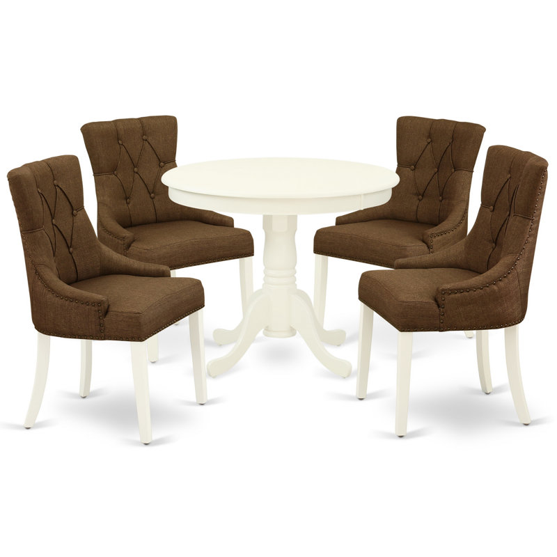 5 Piece Dining Room Table Set Includes a Round Kitchen Table with Pedestal and 4 Brown Linen Linen Fabric Parson Dining Chairs, 36x36 Inch, Linen White