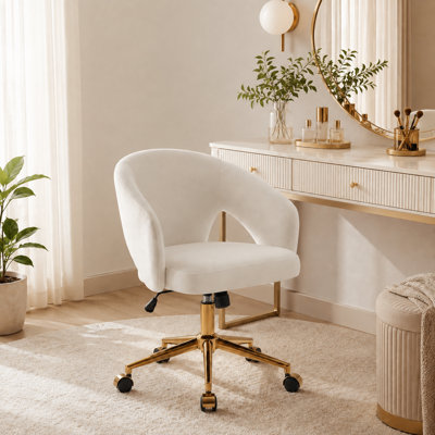 Chaise de coiffeuse en velours à roulettes, hauteur réglable, pivotante à 360°, avec base en métal doré, capacité de charge de 136 kg.