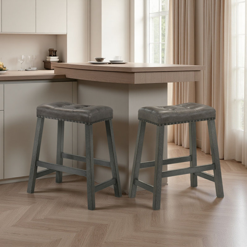 Ensemble de 2 tabourets de comptoir rustiques, tabourets de bar en bois sans dossier de 25 pouces, Gris antique, Gris