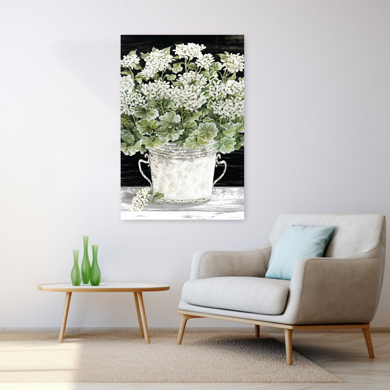 Ferme géraniums campagnards, art floral contemporain, H 48 po x l 32 po