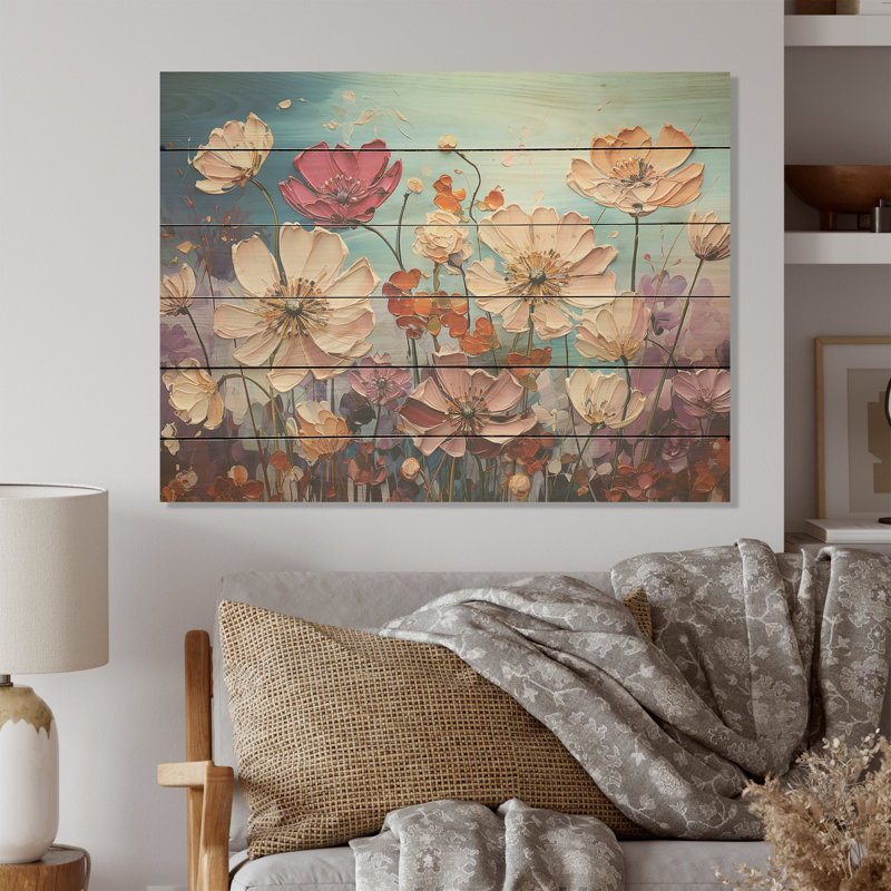 «White Morning Glory Flower Field I», art mural en bois sur fond de pin naturel, H 10 po x l 20 po