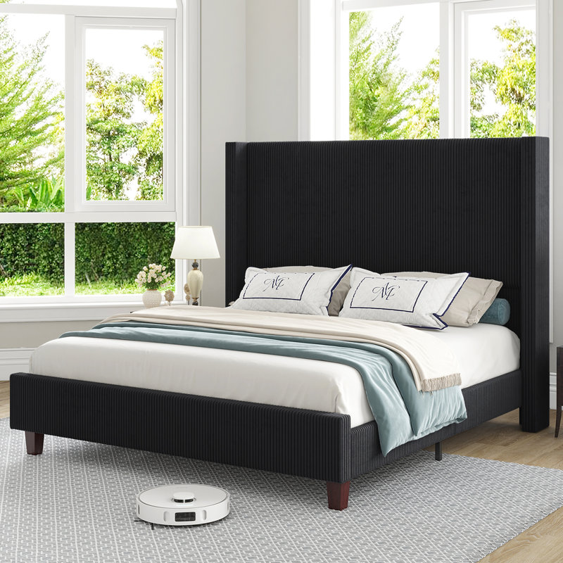 Queen Black Corduroy Upholstered Wingback Platform Bed