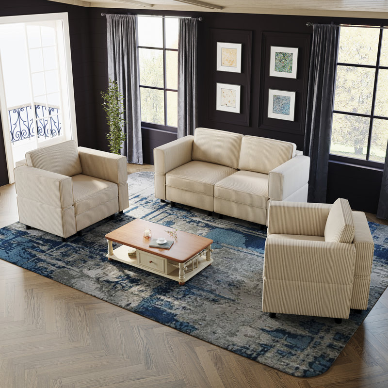 Ensemble de salon modulaire rembourré Elda, Velours côtelé beige