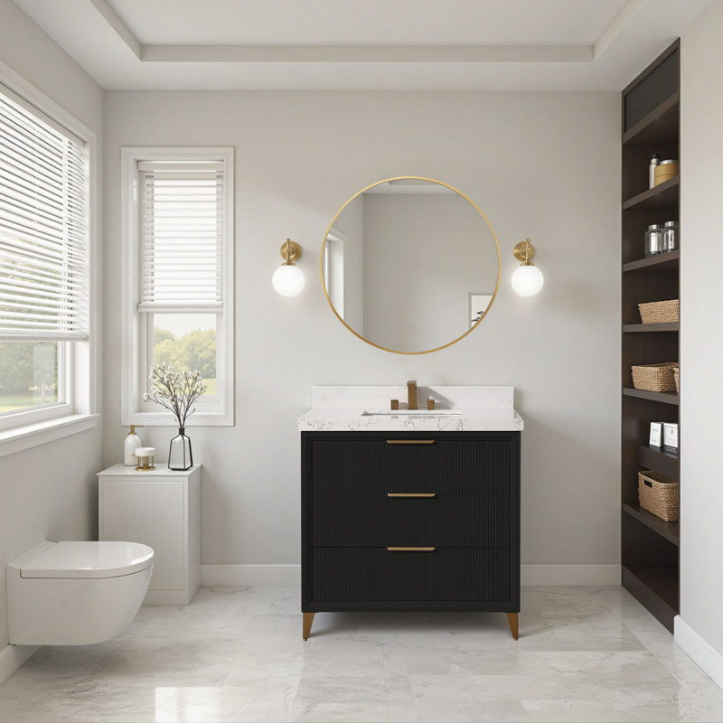 Meuble-lavabo en céramique 36 po avec dosseret, armoire de salle de bain pré-assemblée , Noir, noir, noir, noir