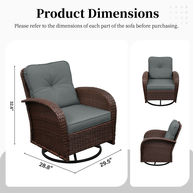  Chaises pivotantes en osier 3 pièces avec coussins gris foncé, Gris