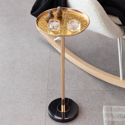 Adjustable height marble top side table with black base, modern decorative pedestal end table for living space