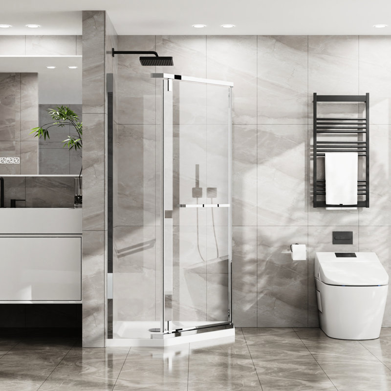 36" X 72" -Angle Shower Door, , Clear Tempered Glass, Space Saving Design 36 In. D W 72 H Shower, Saver, Nickel