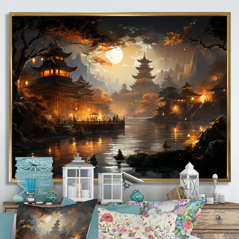 «Makala China Art Golden Temple II», reproduction d'art, H 30 po x l 40 po x P 1,5 po, Cadre flottant doré