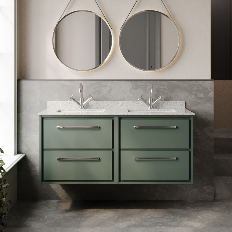 Hudson Reed Lille 1200mm Pebble Grey 4 Drawer  Wall Hung Vanity With Twin Marble Basin, Fern Green