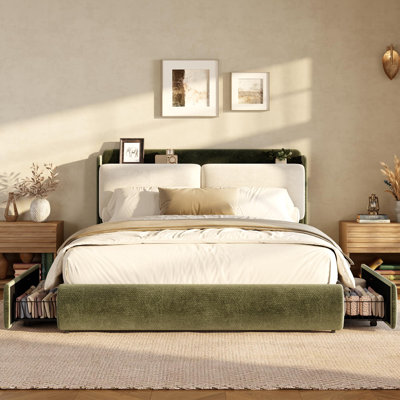 Upholstered Platform Bed with 2 Storage Drawers, Recessed Headboard Shelf, Chenille Fabric, No Box Spring Needed, Easy Assembly