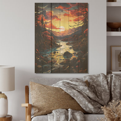 «Rivers Sunrise Enchantment I - Lake River», art mural sur bois de pin naturel
