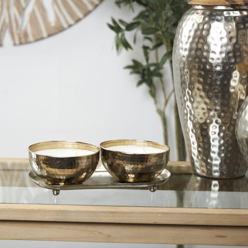 Metal Tropical Breeze Scented Hammered 12 oz 2 Wick Decorative Candle with White Wax Set, 3.25" H x 10.15" W x 5.45" D