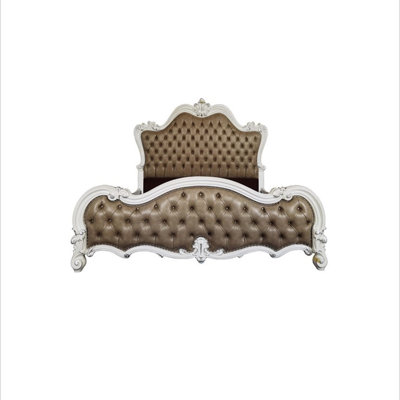 Sicily Bed, Classic Carved Frame, Tufted Gray Faux Leather