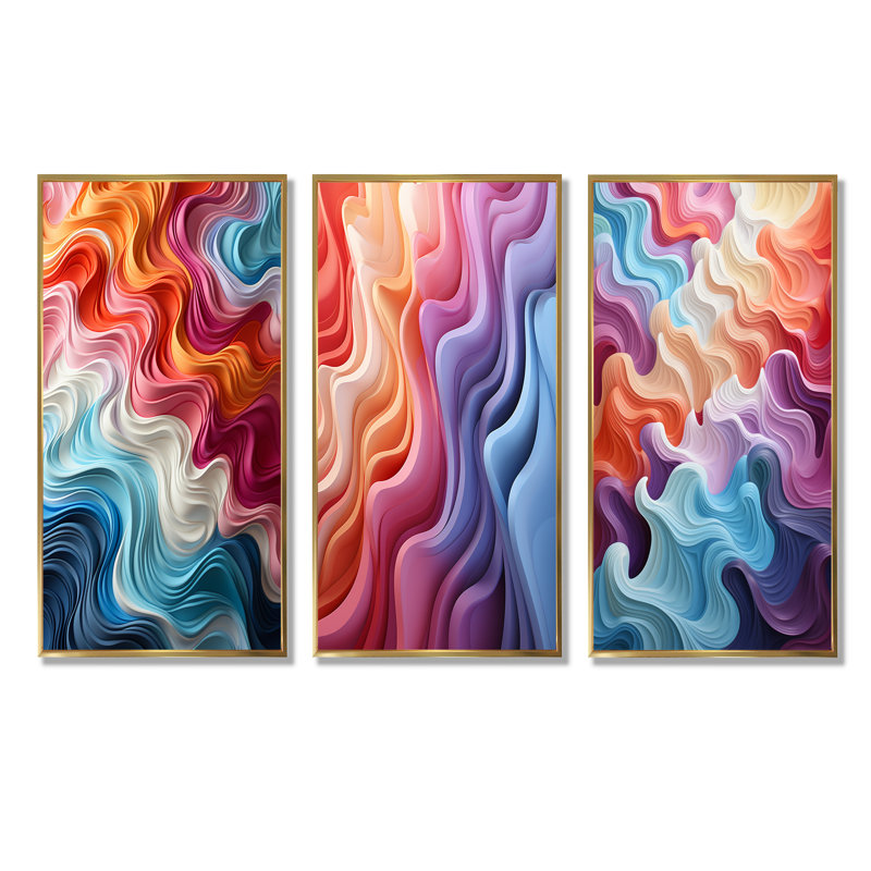Multicolore Op Art Illusory Profondeur - ensemble de 3 reproductions d'art sur toile Op Art, Cadre flottant doré