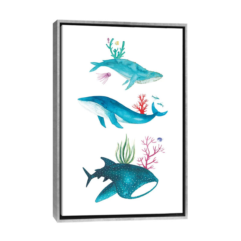 Créatures de l'océan - impression, Pas de tapis, H 60 po x l 40po x P 1,5 po, Toile avec cadre argenté