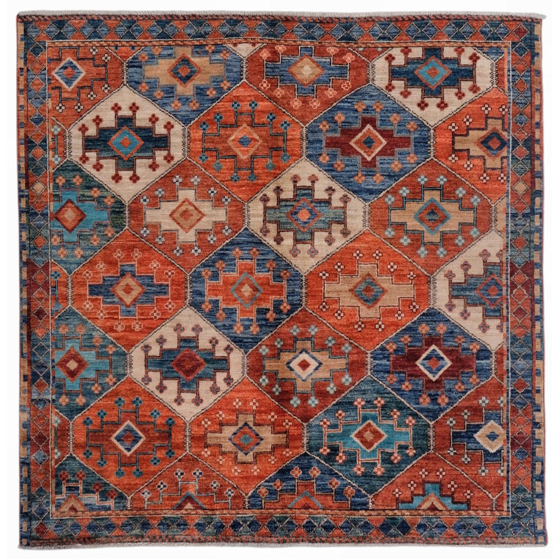 High-Quality Hand-Knotted Red And Navy Area Rug