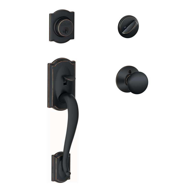Camelot Handleset with Single Cylinder Deadbolt and Plymouth Door Knob and Rosette, Aged Bronze, Yes, Keyed Alike