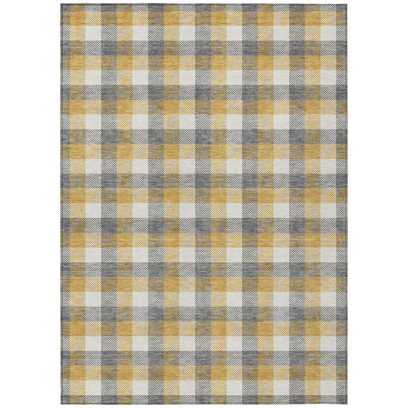 3' X 5' Beige Plaid Washable Indoor Outdoor Area Rug