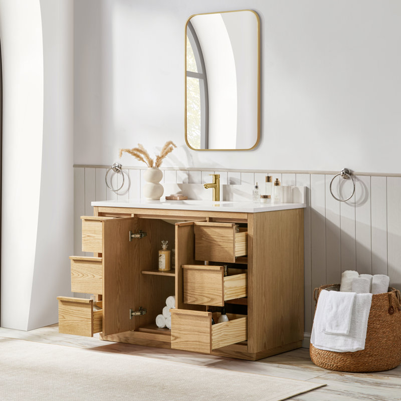 Plateau de table Meuble-lavabo autoportant à simple cuve en chêne clair avec plateau en quartz de Carrare