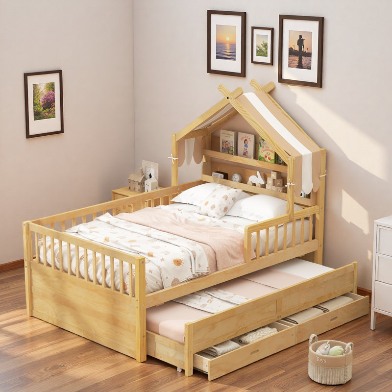 Lit maison avec lit gigogne, tablettes de tête de lit et tiroirs de rangement, Lit double, Naturel