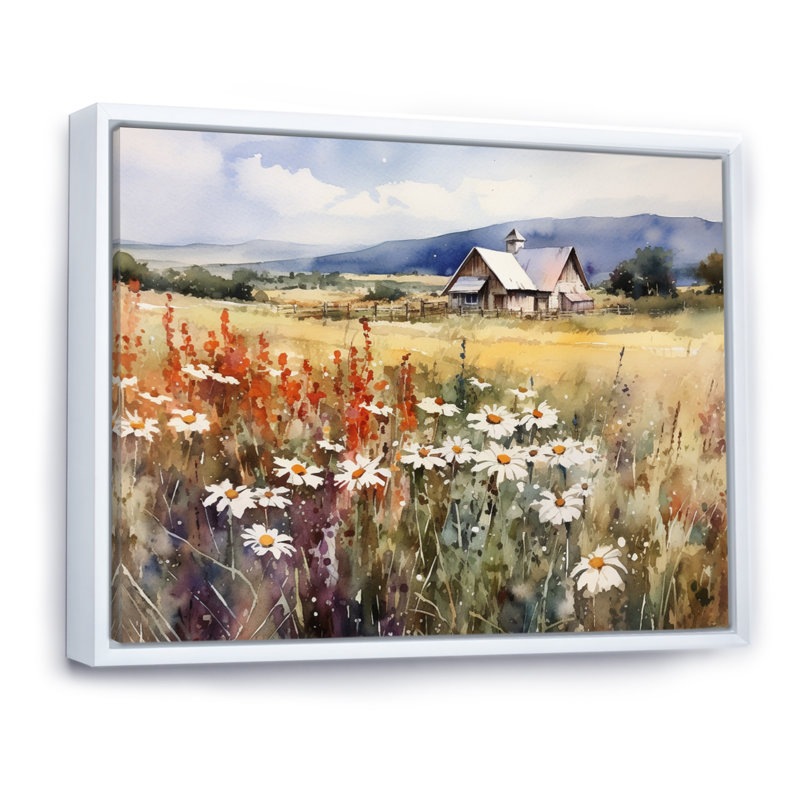 «Green Green Meadow At The Farm I», impressions sur toile florales, H 12 po x l 20 po x P 1 po, Cadre flottant blanc