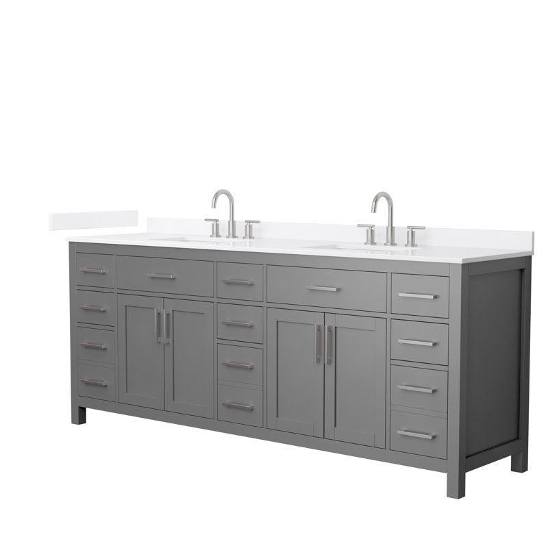 Beckett 84" Freestanding Double Bathroom Vanity with Quartz Top, Dark Gray, Brushed Nickel, White Quartz