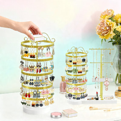 Adjustable 5-Tier Rotating Earring and 3-Tier Necklace Organizer with Wooden Base, Gold