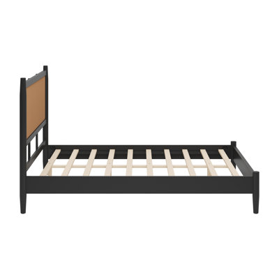 Platform Bed Frame with Rattan Headboard, Wicker Bed with Wooden Slats Support, Boho Coastal Style, No Box Spring Needed