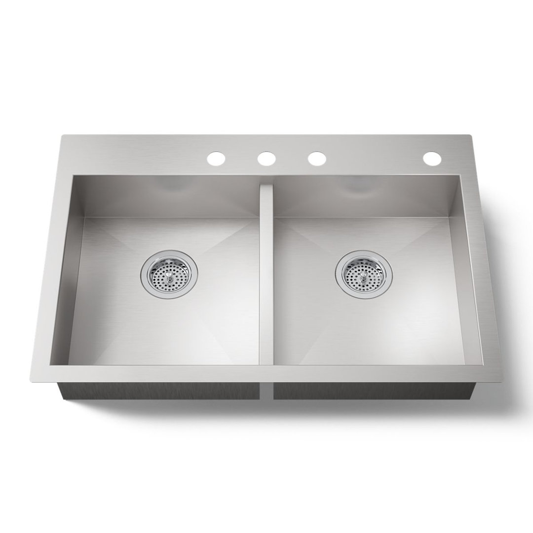 Vault 33" L x 22" W x 6-5/16" Double-Equal Dual-Mount Kitchen Sink with 4 Faucet Holes Kohler