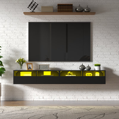 Meuble télé flottant avec système de divertissement mural avec lumières DEL et armoires de rangement rabattables, console multimédia minimaliste moderne pour le salon 