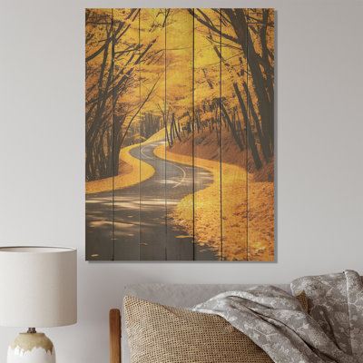 Autumn Yellow Road Into The Forest I - Road On Wood Print