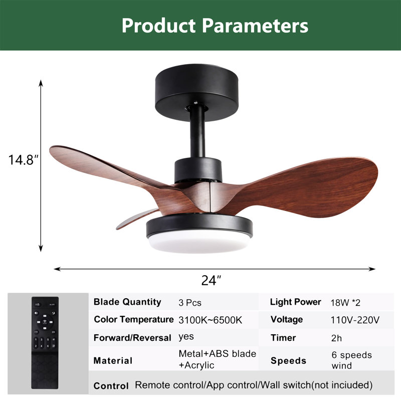 24" Small  Ceiling Fan With Light Remote Control, Brown