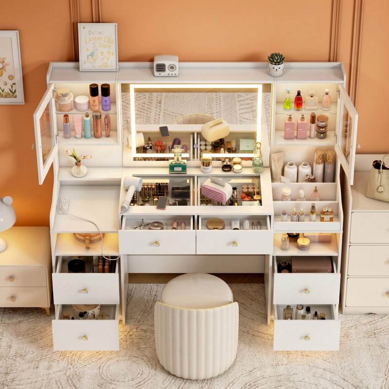 Leritan 62" Makeup Vanity Desk with Lighted Mirror, Tempered Glass Top, Power Outlet, 4 Drawers,  and RGB Lighted Cabinet