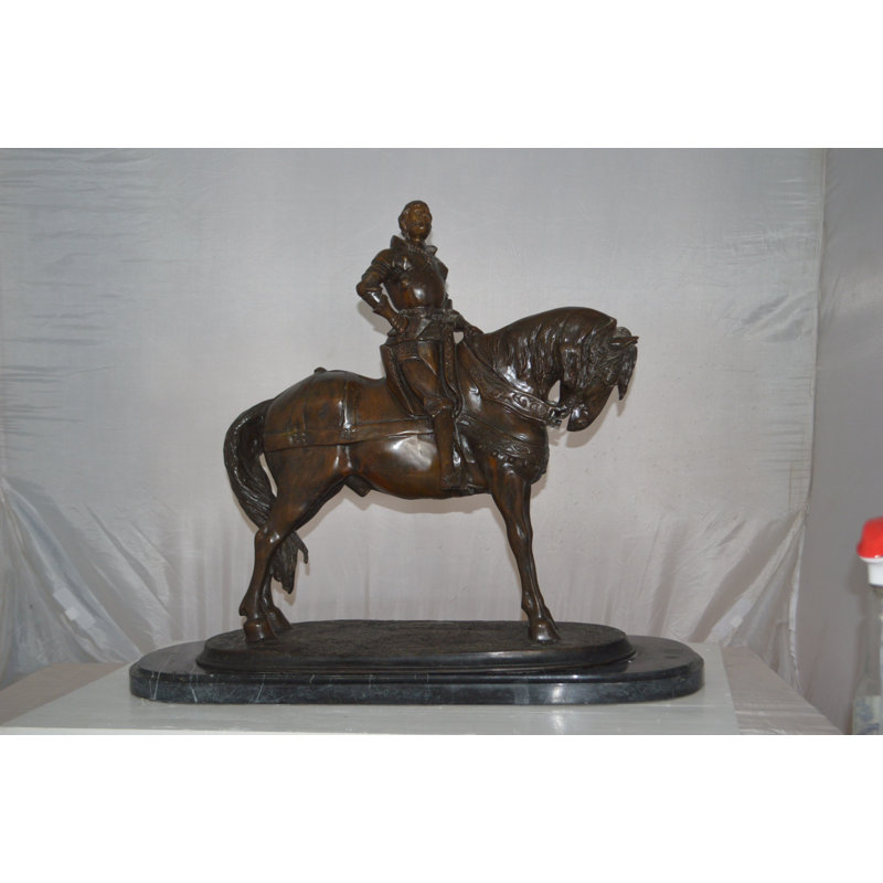 Bronze Man on Horse Statue with Marble Base