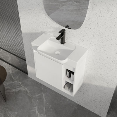 Meuble-lavabo mural 24 po avec lavabo en céramique blanche et porte à fermeture en douceur, emballage KD, blanc brillant