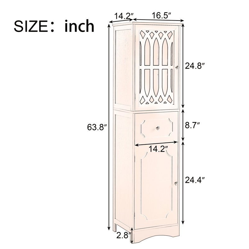Armoire de salle de bain haute, armoire de rangement autoportante avec tiroir et portes, panneau de fibres à densité moyenne, porte en acrylique, tablette réglable